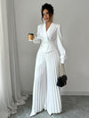 Elegant Women'S V-Neck Long Sleeve Top with Cross Twist Detail + Pleated Long Pants Set, Polyester 100%, Solid Color, Button Detail, Woven Fabric, Lightweight 50/100/120 g/m², Spring/Fall Collection