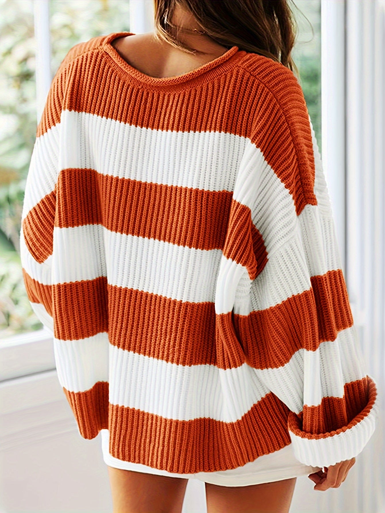 Long Sleeve Acrylic Pullover Sweater - Women's Casual Rib-Knit Crew Neck, Drop Shoulder, Loose Fit, Solid Color, All Season Knit Fabric Top
