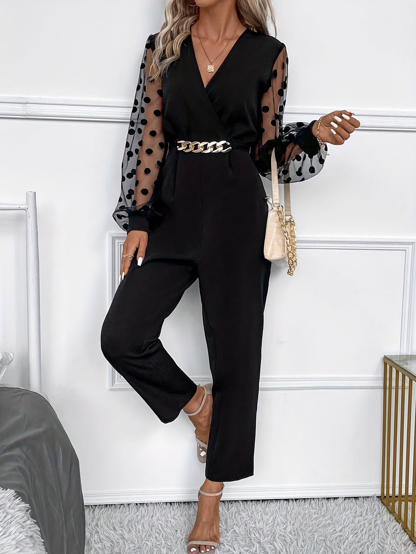 Polka-dot Print Straight Leg Jumpsuit - Elegant V Neck Long Lantern Illusion Sleeve - For Women - Spring & Summer Wear - Perfect for Parties & Casual Occasions