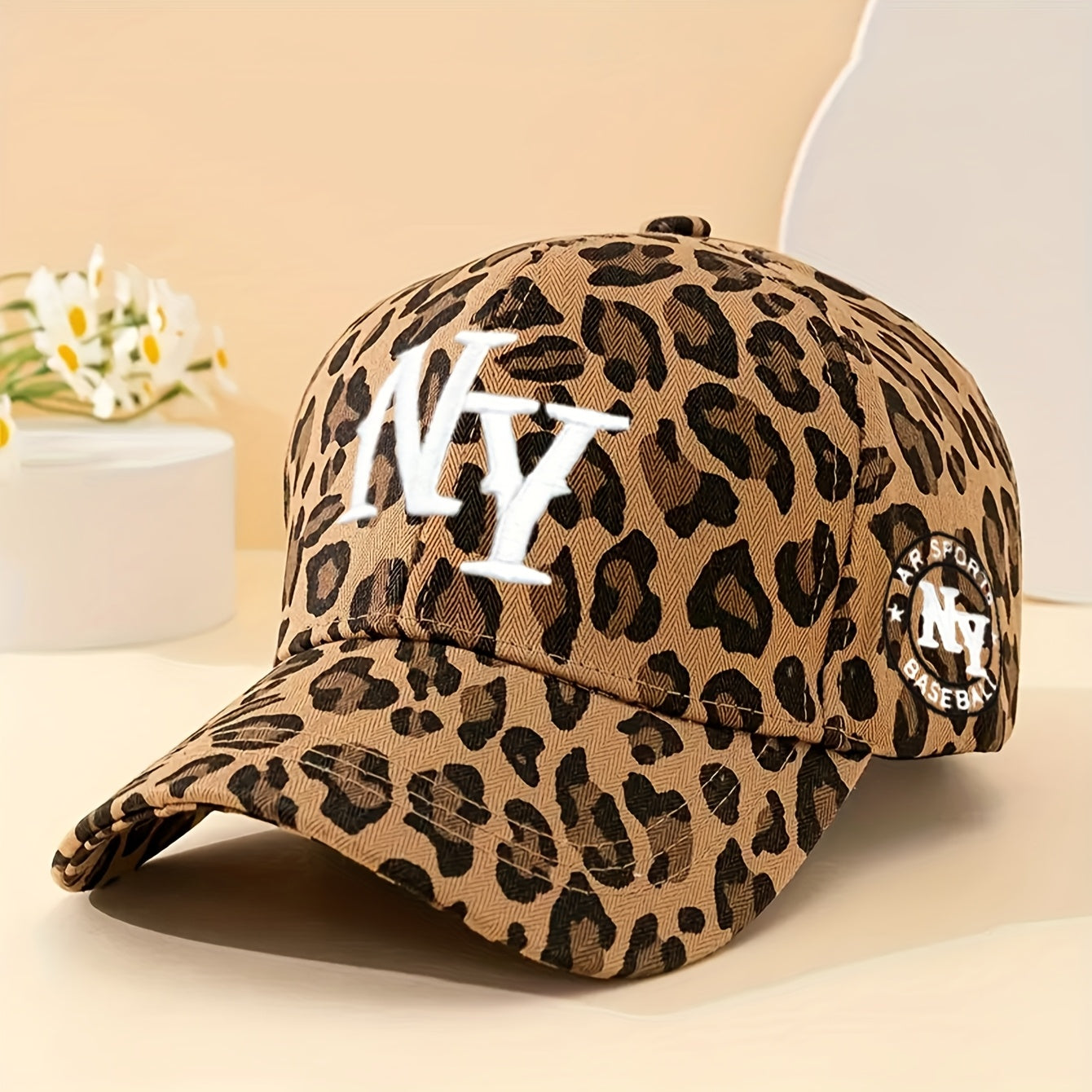 Leopard Print Baseball Cap, Breathable Adjustable Trucker Hat with Embroidered "NY" for Women & Men