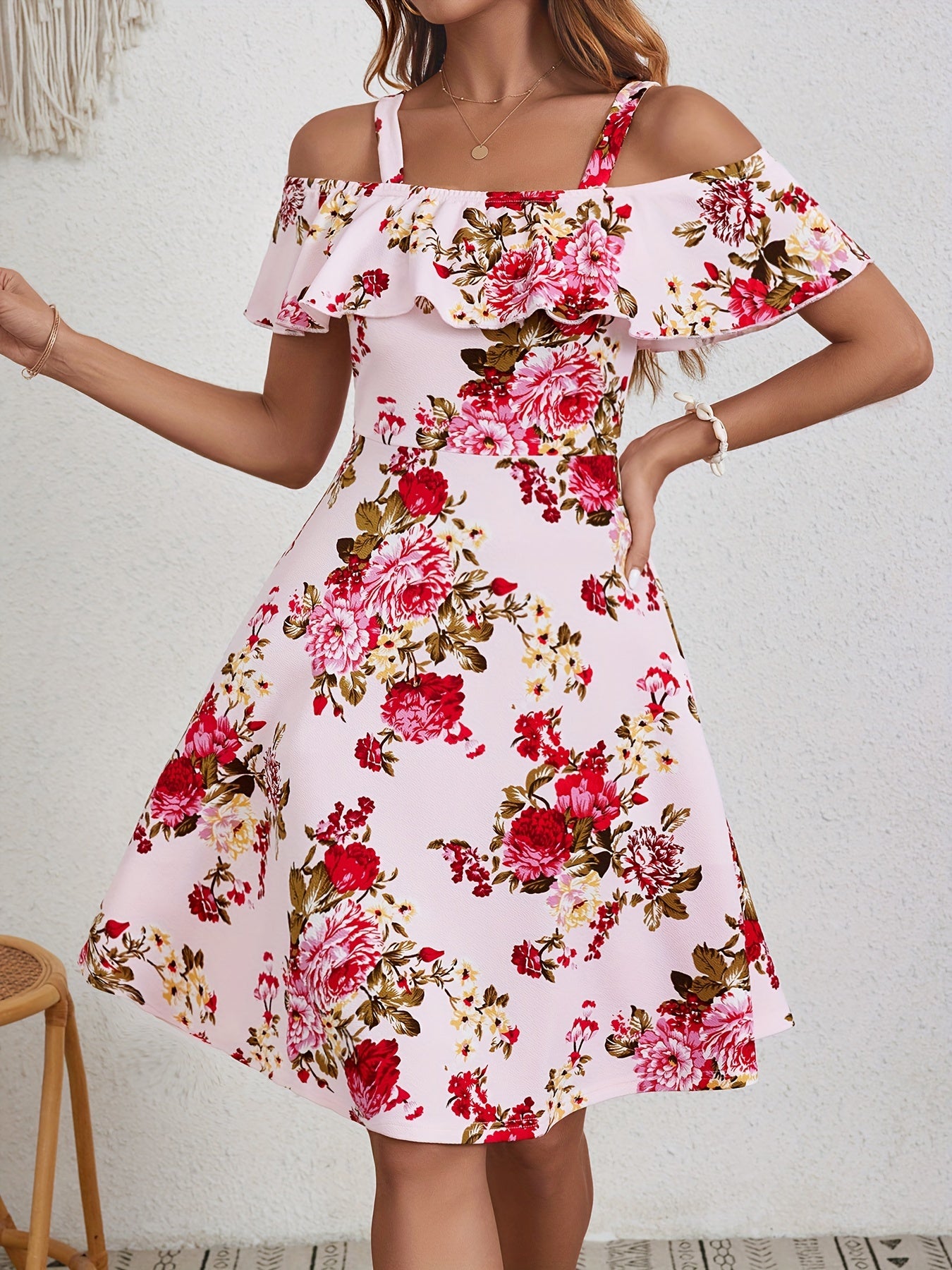 Elegant Floral Print Dress for Women with Ruffle Detail - Off-Shoulder, A-Line, Mid-Stretch Polyester & Spandex Blend, Machine Washable - Perfect for Summer