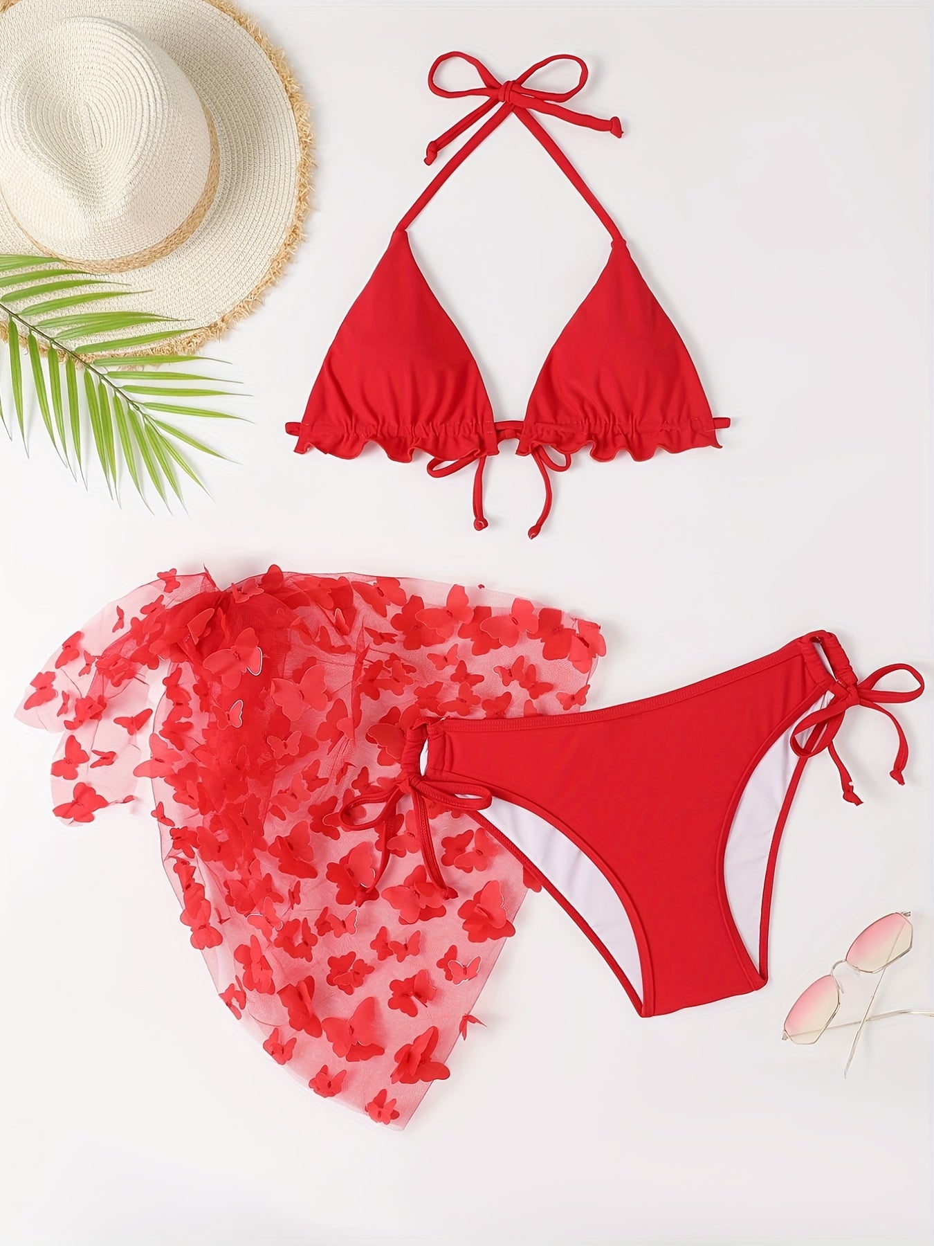 Solid Color Butterfly Applique 3 Piece Set Swimsuits, Triangle Halter Tie Strap Lettuce Trim Bikini, Women's Swimwear & Clothing