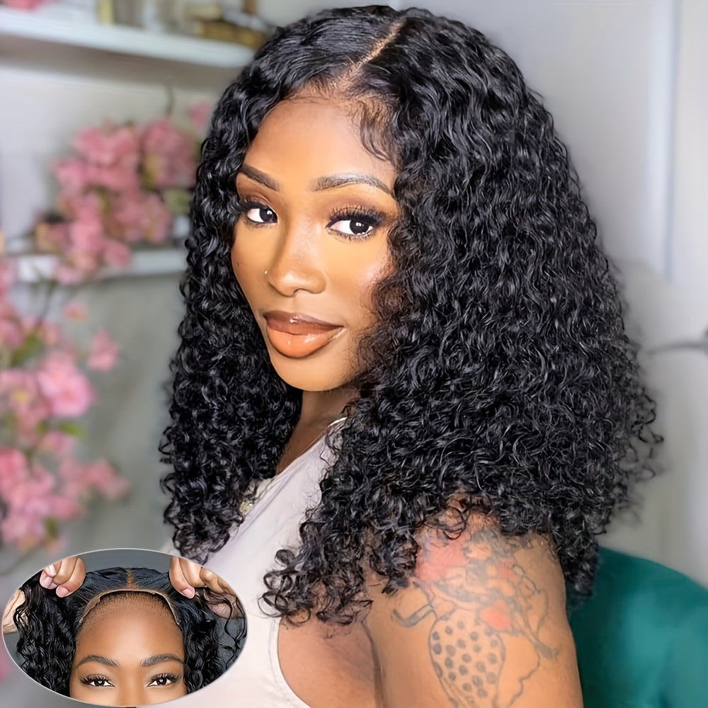 [150% Density Curly Bob Wig] Easy-to-Wear Curly Wave Bob Wig for Women | 100% Brazilian Human Hair | Pre-Plucked & Pre-Cut with Adjustable No-Glue 4x4 HD Lace Closure | Natural Black, 150% Density | Versatile & Beginner-Frien