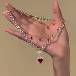 Elegant double red Zircon Love Pendant Necklace - Ladies Luxury alloy collar chain