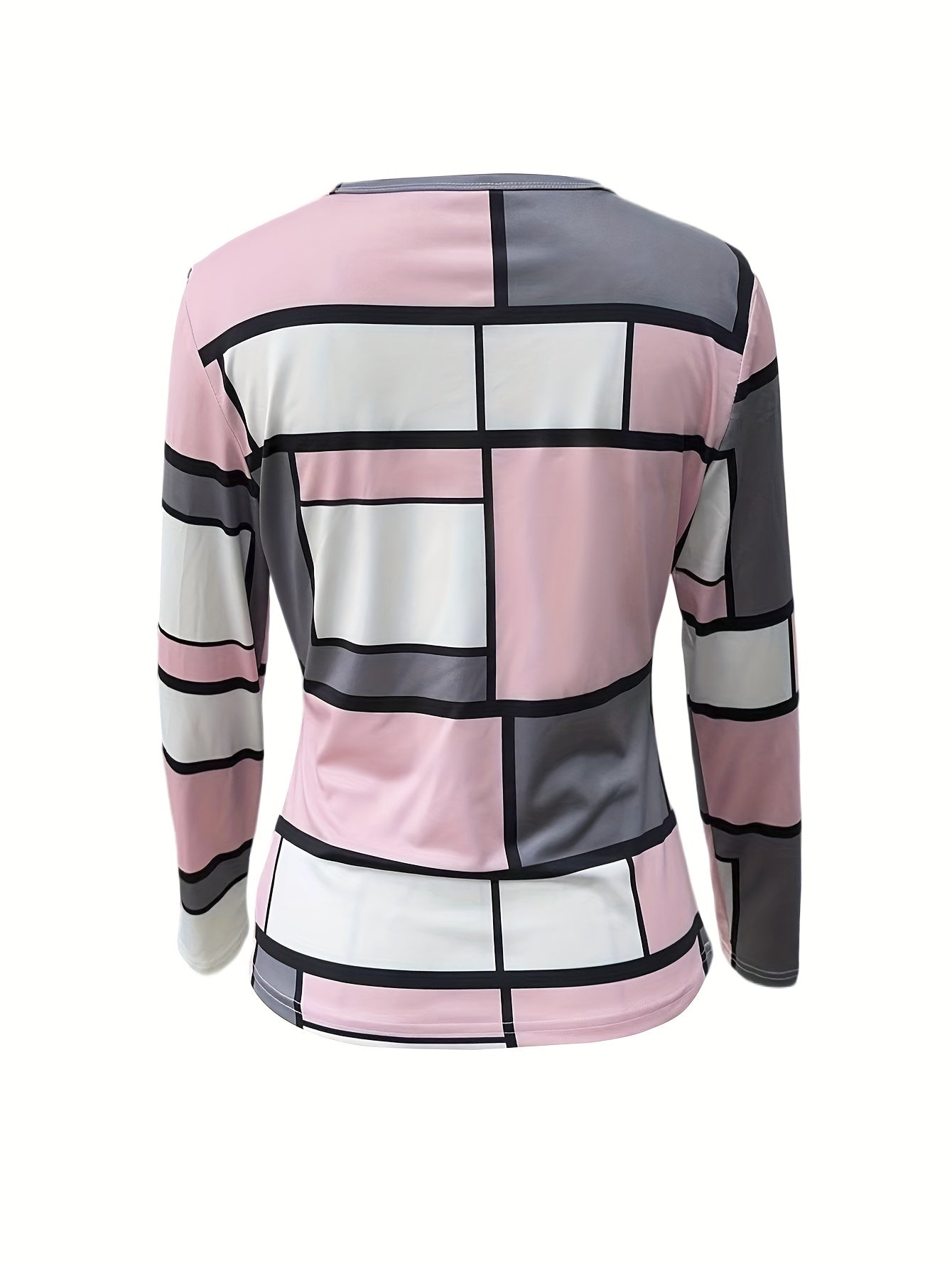 Elegant Women's Geometric Pattern T-Shirt - Pink & Gray, Zip Front with Decorative Buttons, Long Sleeve, Stretchy Polyester Blend, Machine Washable - Chic Top for Spring/Fall