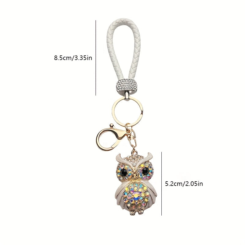 Rhinestone Owl Keychain - Cute Alloy Charm with Braided Rope, Sparkling Cartoon Owl Design, Perfect for Car Keys & Bags, Ideal Birthday Gift, Novelty Keychai