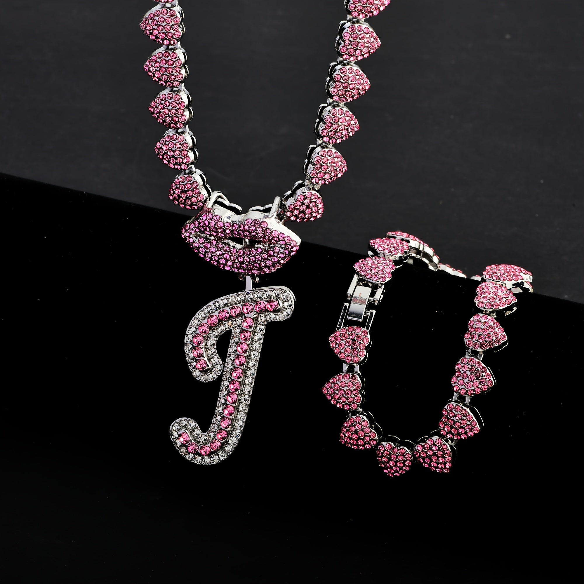 Hip Hop Y2K Style Pink Sexy Lips Pendant Necklace and Bracelet Set, A-Z Initials, Rhinestone Inlay, Zinc Alloy, Perfect for Daily Wear or Parties, Ideal Valentine's Day Gift for Men and Women, Hip Hop Jewelry