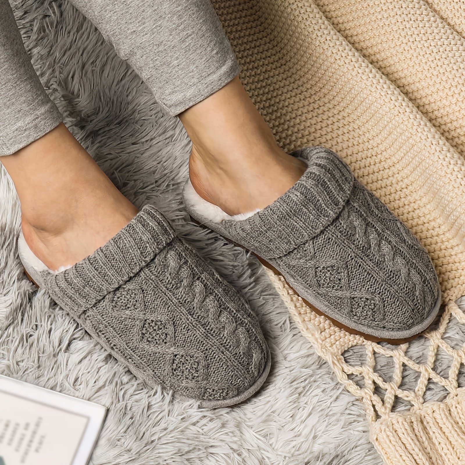 Cozy Women's Plush Lined Slippers with, Non-Slip Sole, Soft Ribbed Cuff – Beige/Light Brown, Perfect Christmas Gift for Friends and Girlfriends, House Slippers, Best for Christmas