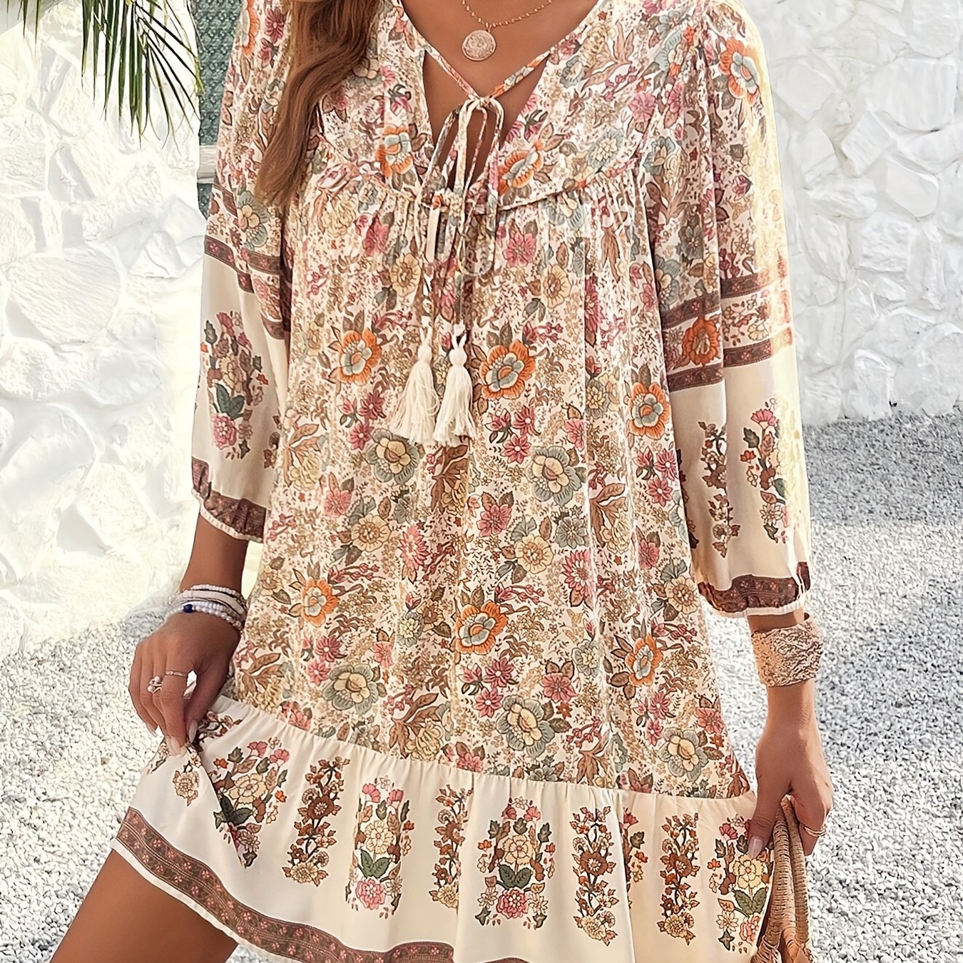 Plus Size Women'S Floral Print Tie Neck Ruffle Hem Loose Casual Spring And Summer Outing Dress