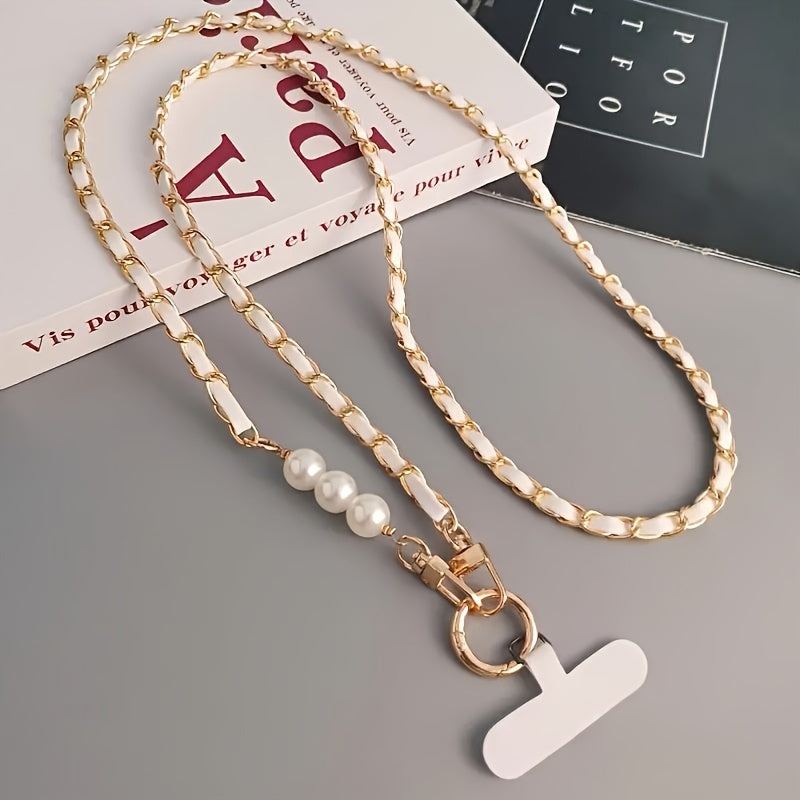 Durable, Chic Faux Pearl & Faux Leather Crossbody Phone Lanyard - Elegant Shoulder Strap Accessory