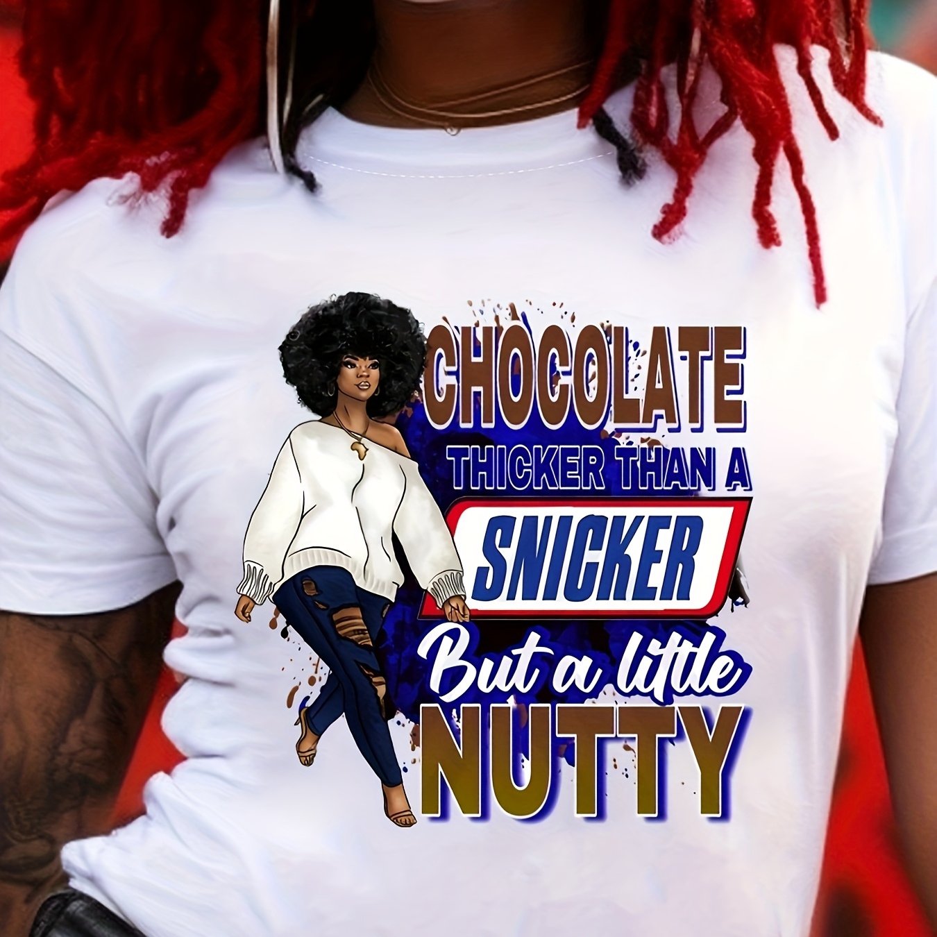 [Breathable Fabric] Women's Chocolate Thicker Than a Snicker But a Little Nutty Graphic Tee- Casual Crew Neck, Short Sleeve, Breathable Polyester, Regular Fit- Perfect for Spring& Summer