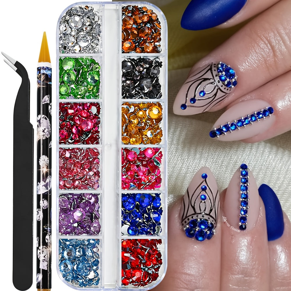 Multi-Size Flatback AB Nail Art Rhinestones Kit – Crystal Pearls & Gemstones for DIY Nails, Shoes, Clothes, Makeup & Bags – Includes Tweezer & Pen (SS4–SS16)
