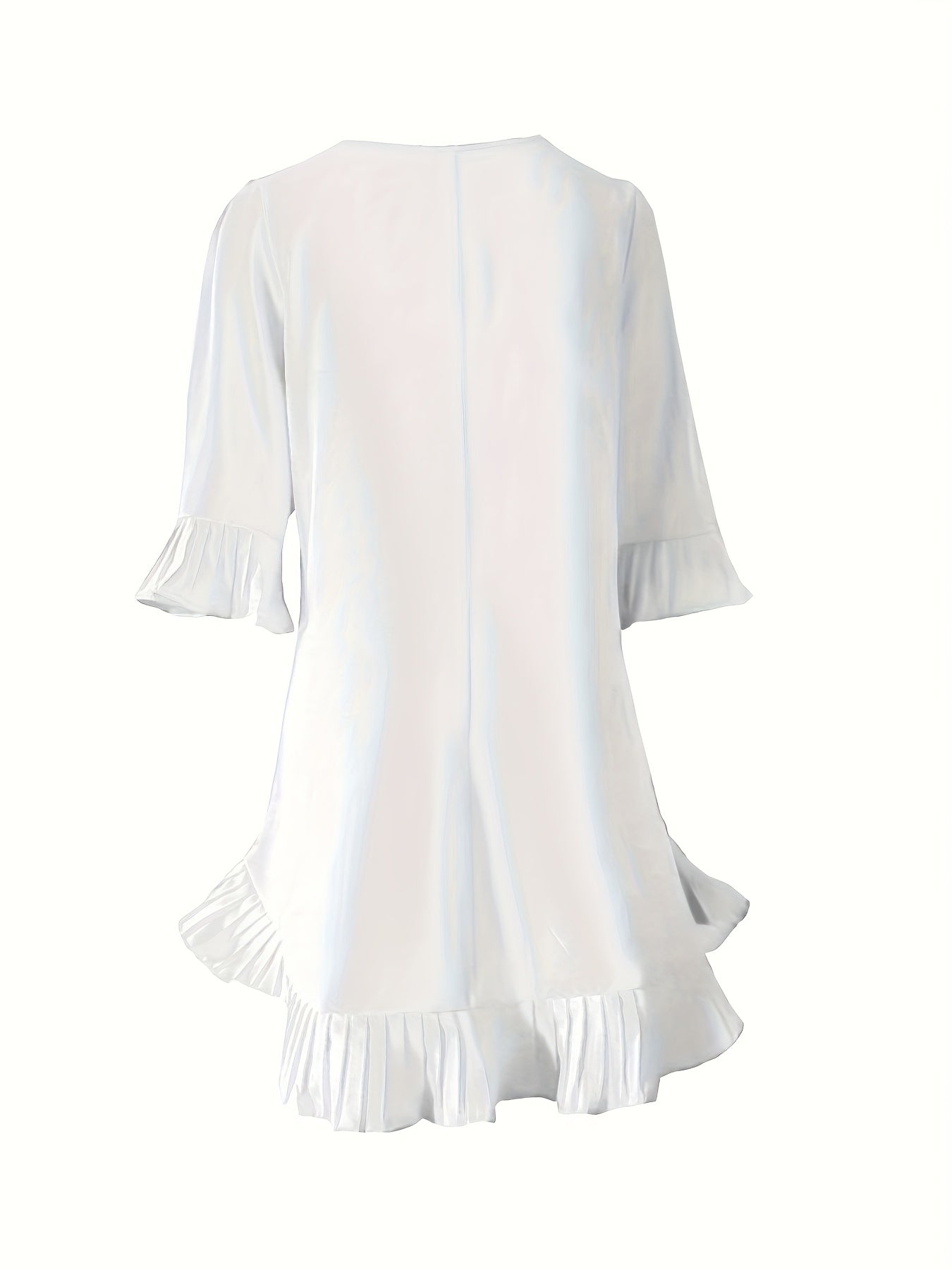 Elegant White 3/4 Sleeve Dress with Ruffled Hem and Face Print, Loose Fit Polyester Blend, Machine Washable, Perfect for Casual and Formal Occasions, Casual Formal Dress | Face Print Dress | Glossy Fabric, Cute Dresses