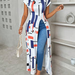 Print Summer Women's Maxi Dress - High-Slit Thigh, Round Neck, Short Sleeve, Geometric Print, Polyester Blend, A-Line Silhouette, Vibrant Color Block Design, Flowy Skirt, Perfect for Casual or Summer Occasions, Semiformal Att