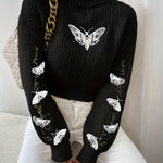 Winter Warmth] Elegant Pink Butterfly Sweater for Women - Cozy Turtleneck, Long Sleeve, 100% Polyester Knit Pullover, Casual Style, Perfect for Fall/Winter