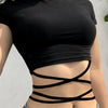 Solid Tie Crisscross Crop T-shirt, Y2K Short Sleeve Mock Neck Slim Top, Women's Clothing