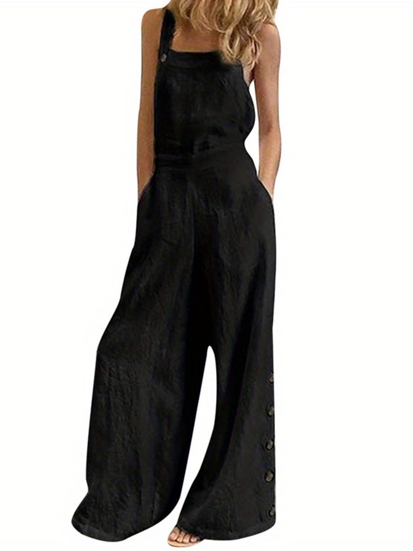 Women'S Elegant Wide Leg Jumpsuit - Solid Color Square Neck Sleeveless Pants with Pockets, Casual Summer Overalls for Adults, Light Gray, Casual Summer Wear | Casual Jumpsuit | Fabric Jumpsui