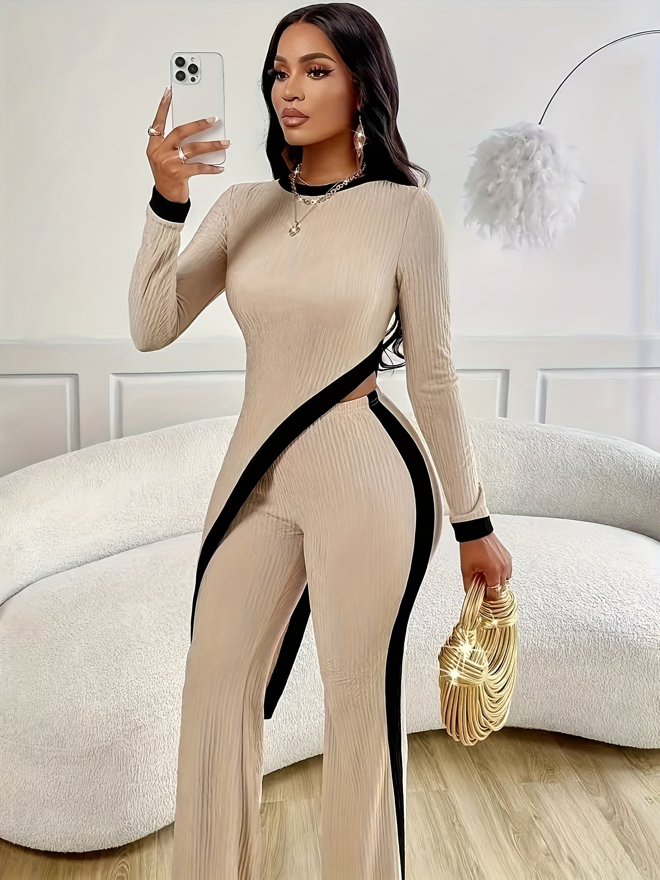 Elegant Women's Asymmetrical Hem T-Shirt & Flared Pants Set - Stretchy Polyester Blend, Machine Washable - Perfect for Spring/Fall