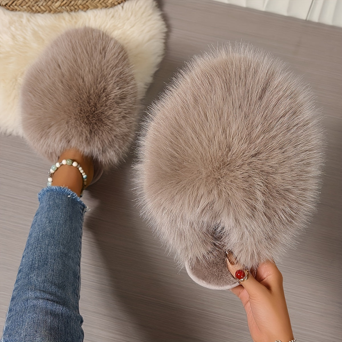 Women's Faux Fur Elegant Slippers – Korean Style, Warm All-Season House Shoes with Non-Slip Rubber Sole