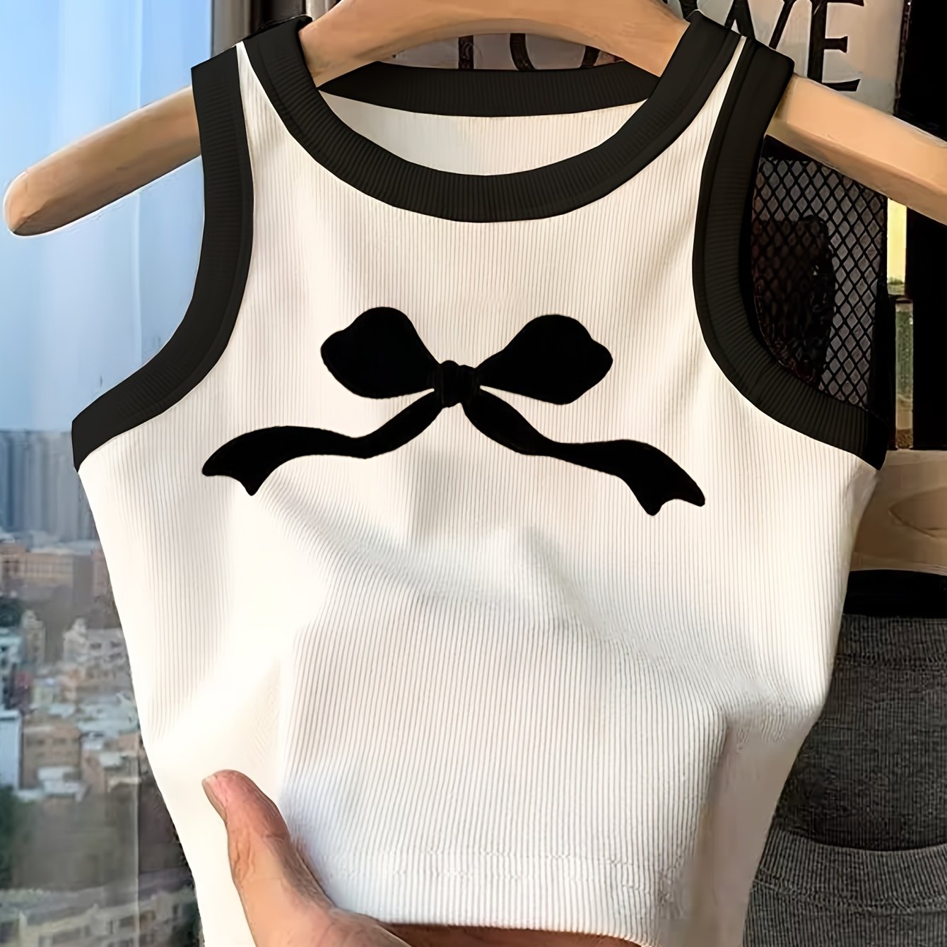 Teenage Girls' Cute Bow Print Tank Top, Simple Fashion for Casual Wear