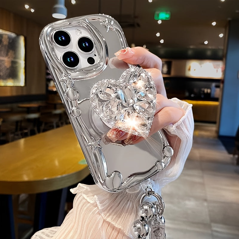 Rhinestone iPhone Case Bracket - Silvery Mirror Love Phone Bracelet
