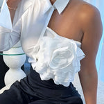 Women's Sexy Off-Shoulder Ruffled Blouse - Semi-Sheer Solid Color Top with Floral Accents, Machine Washable Spring/Summer Shirt for Casual & Formal Outfits