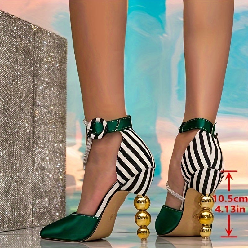 Elegant Green High Heel Shoes for Women - Summer 2024 Collection, Pointed Toe with Sequin Accents & Bowknot Ankle Strap, Stylish Wedding & Party Shoes, PVC Material, Chunky Heel Shoes