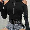 Solid Color Zip Up T-shirt, Elegant Cold Shoulder Long Sleeve Top For Spring & Fall, Women's Clothing