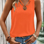 Women's Sexy Ring Detail Tank Top, 100% Polyester Knit Fabric, Crew Neck Sleeveless Solid Color Tee for All Seasons, Allseason Apparel|Stylish Crisscross Top|Glossy Texture