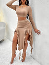 Elegant Solid Color Women's Outfit - Long Sleeve Crew Neck Top & Ruffle Hem Skirt Set, Stretchy Polyester Blend, Machine Washable - Perfect for Spring/Summer - For Women - Suitable for Casual Occasions - Great Gift for Birthd