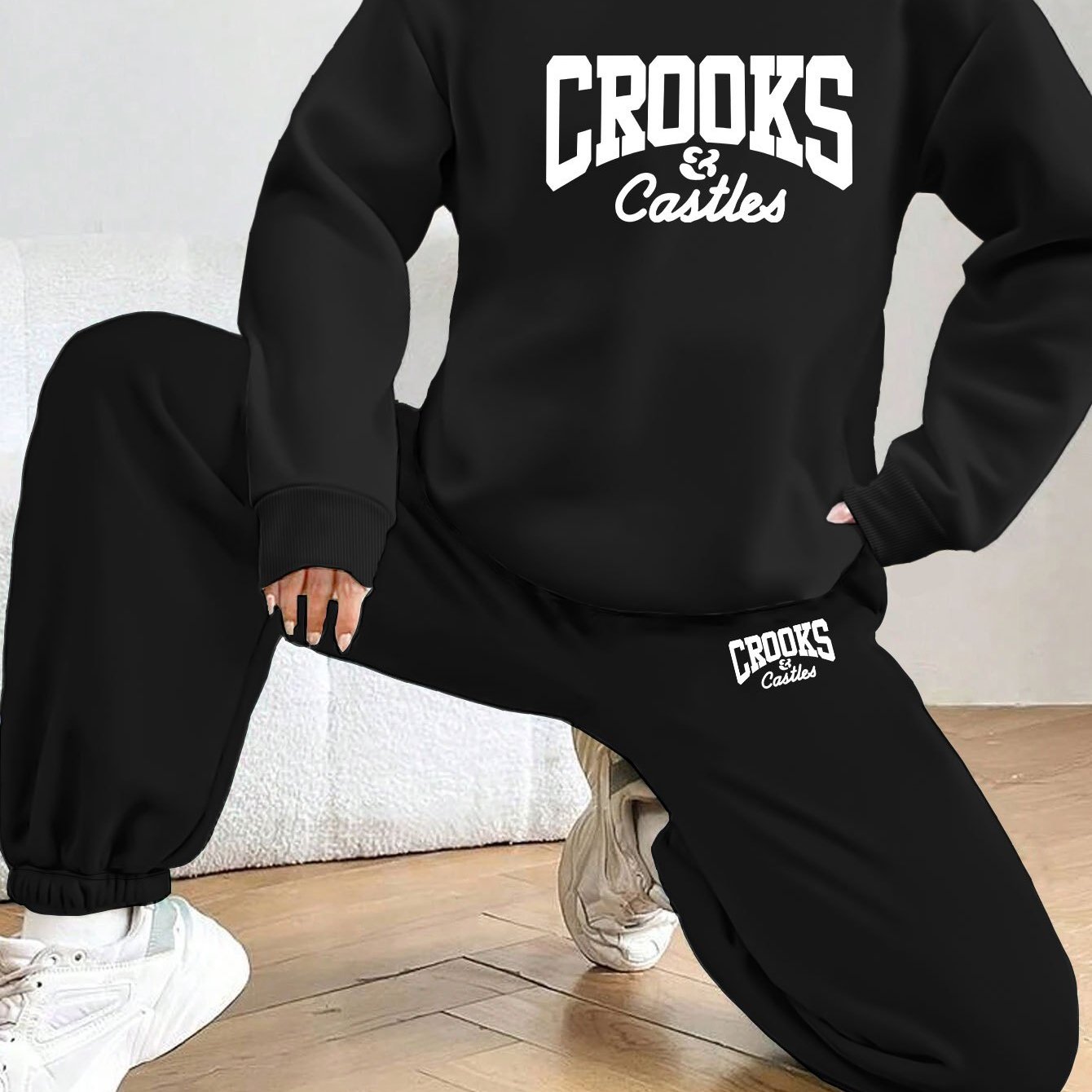 Women'S Casual Stylish Geometric Letter Pattern Printed Pullover And Sweatpants Set - Long Sleeves, Round Neck, Polyester Blend, Perfect Choice for Autumn And Winter.