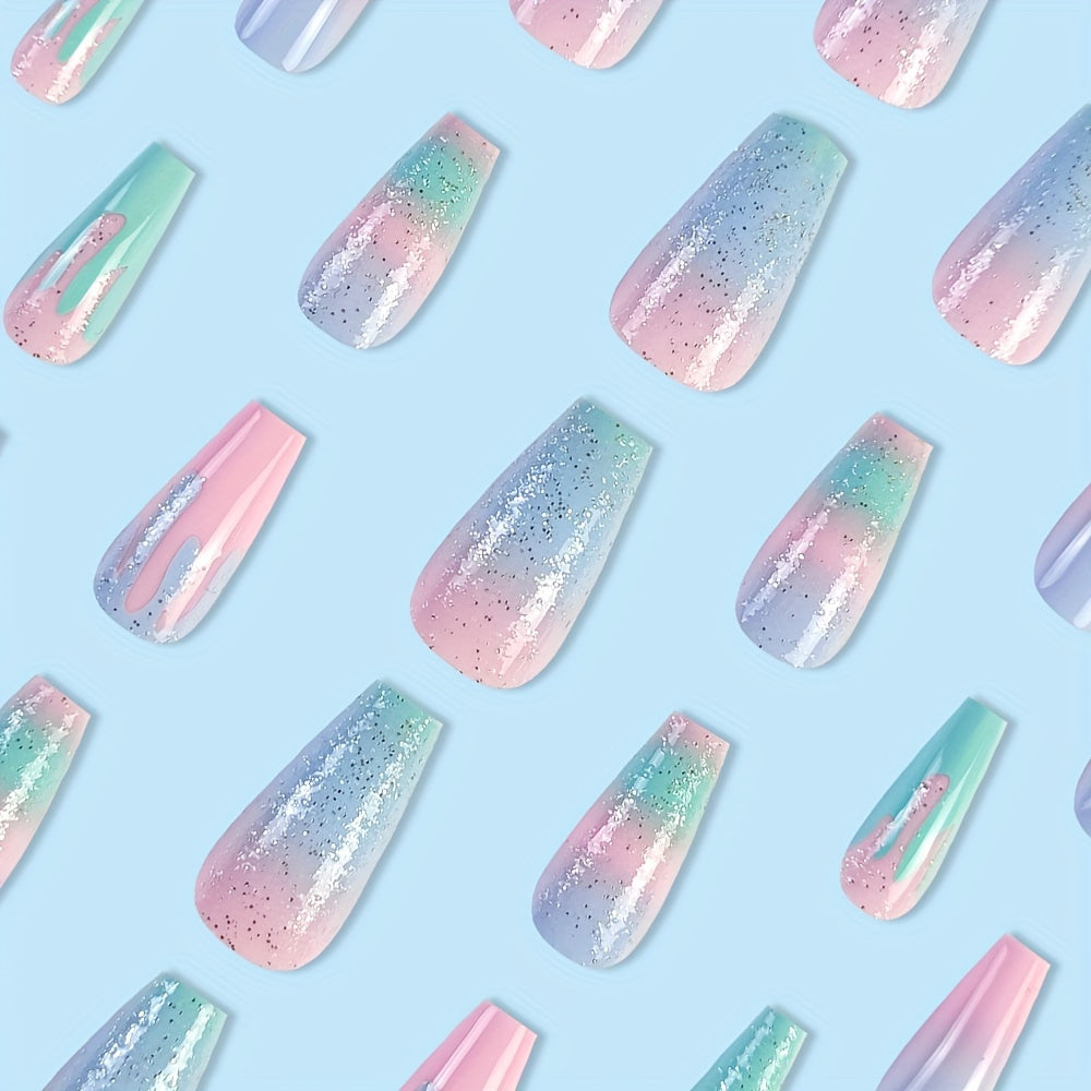 24 Pcs Medium Long Coffin Press On Nails, Pinkish Glitter Fake Nails, Glossy Artificial False Nails
