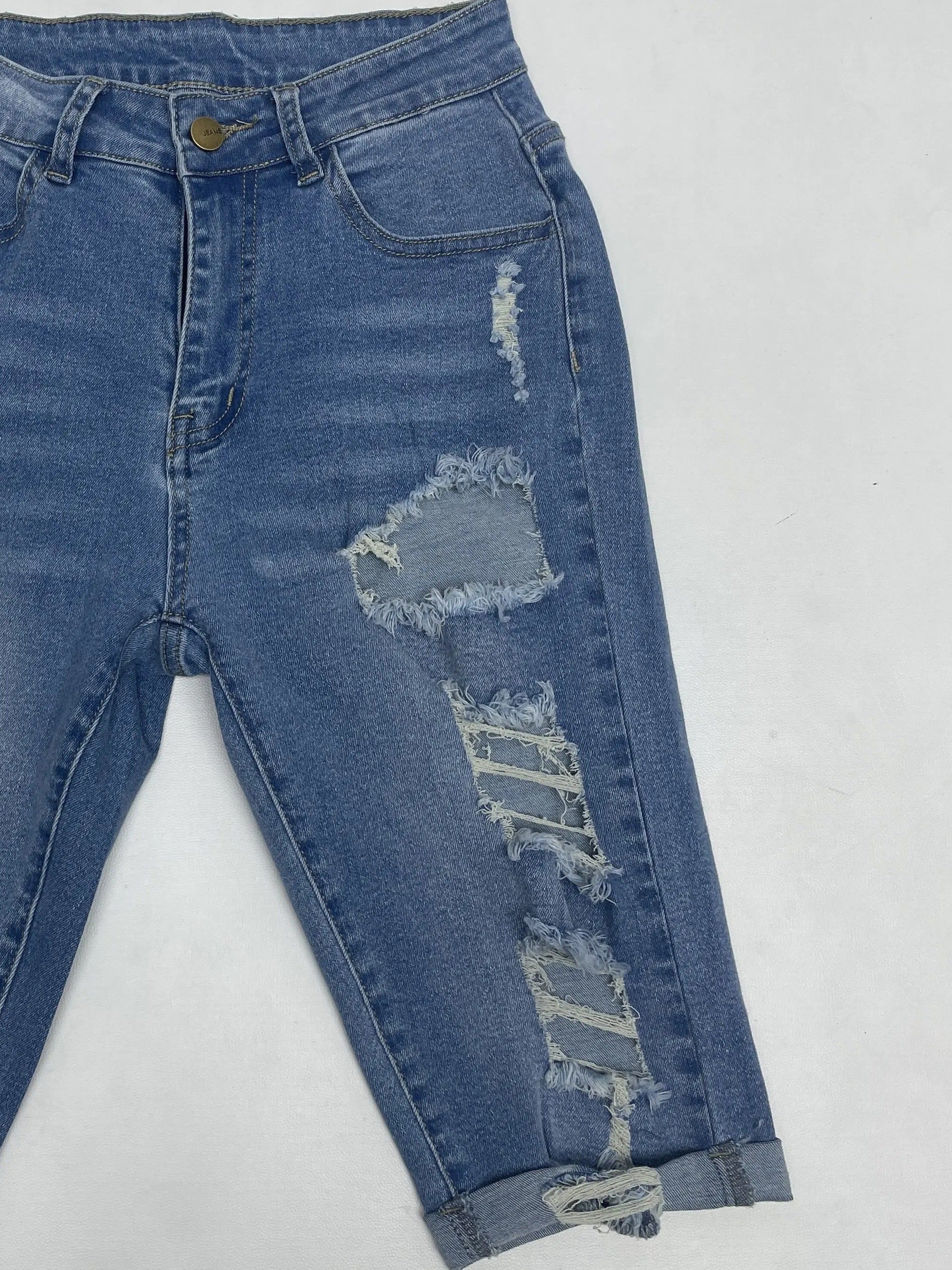 Ripped Cuffed Hem Bermuda Denim Shorts, Distressed Washed Blue Denim Shorts, Women's Denim Jeans & Clothing