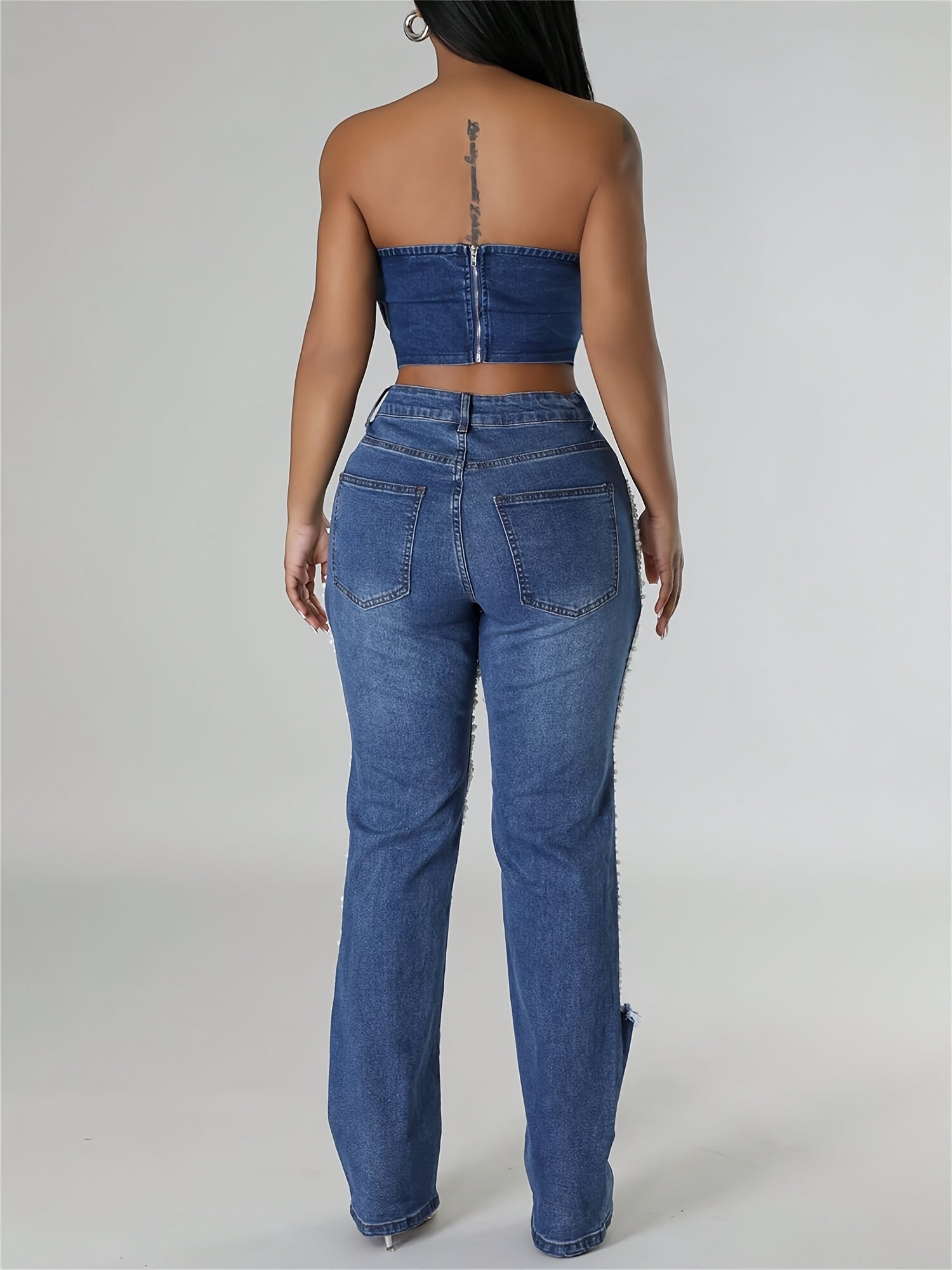 Straight Leg Jeans For Women Mid-Rise Distressed Ripped Hole Pearl Chain Denim Pants
