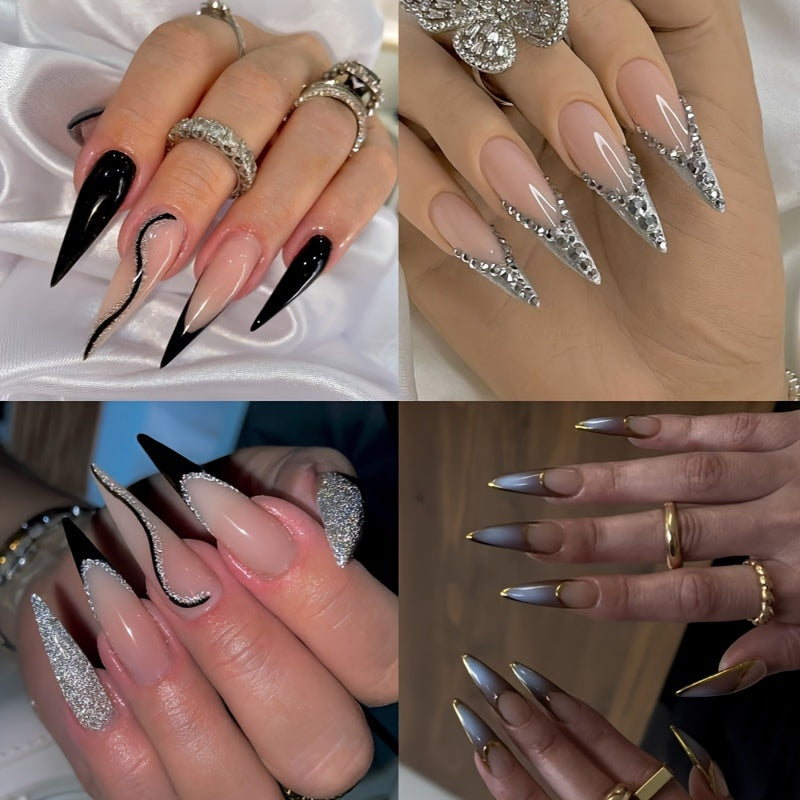 96 PCS 4PACK Long Stiletto Glossy Rhinestone Press on Nails with Glue, Bling Glitter French Tip Acrylic Almond Artificial Nails in Nude Pink Stick on False Nails with Design