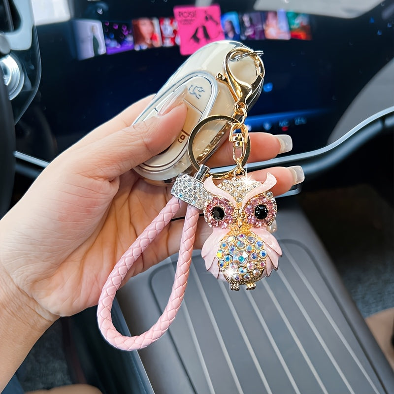 Rhinestone Owl Keychain - Cute Alloy Charm with Braided Rope, Sparkling Cartoon Owl Design, Perfect for Car Keys & Bags, Ideal Birthday Gift, Novelty Keychai