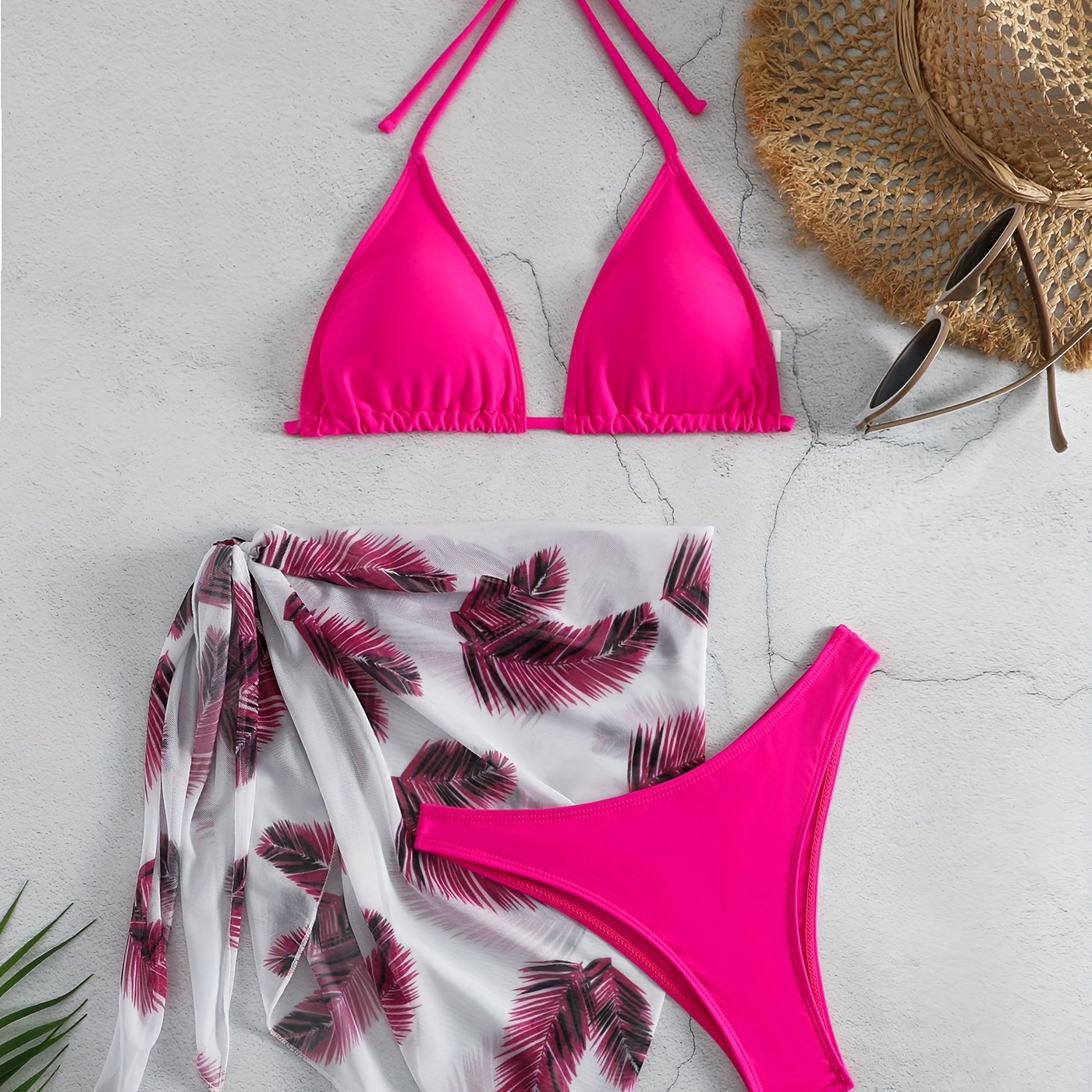 3-Piece Feather Print Bikini Sets, Halter Neck Tie Back Backless High Cut With Cover Up Wrap Swimsuit, Women's Swimwear & Clothing
