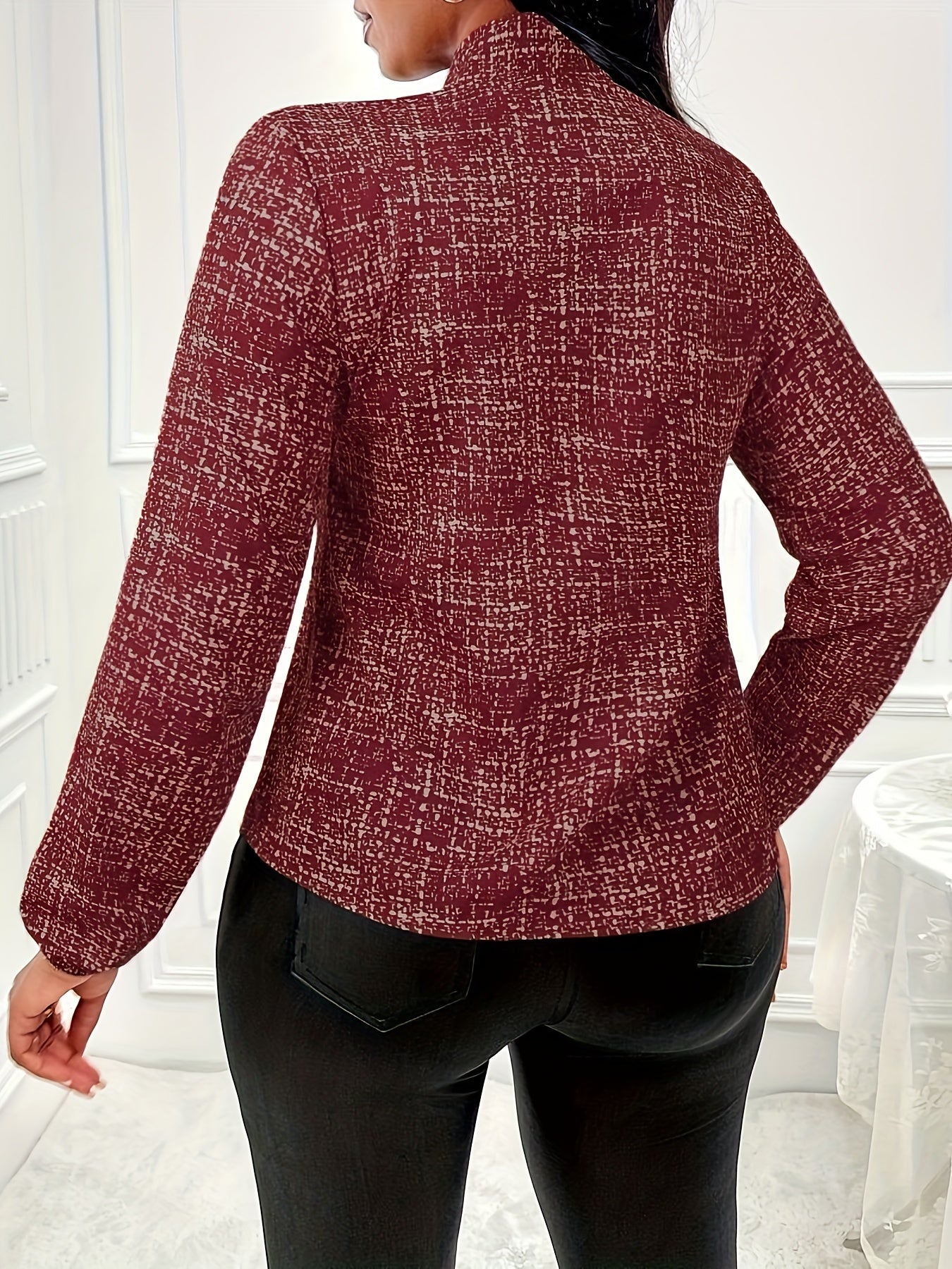 Allover Print Tie Neck Blouse, Elegant Long Sleeve Top For Spring & Fall, Women's Clothing
