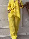 Women's Casual Polyester Two-Piece Pantsuit with Mandarin Collar and Solid Color Design - Woven Fabric, Full-Length Regular Top & Pants Set (1 Clothes 1 Pants), All-Season Suitable