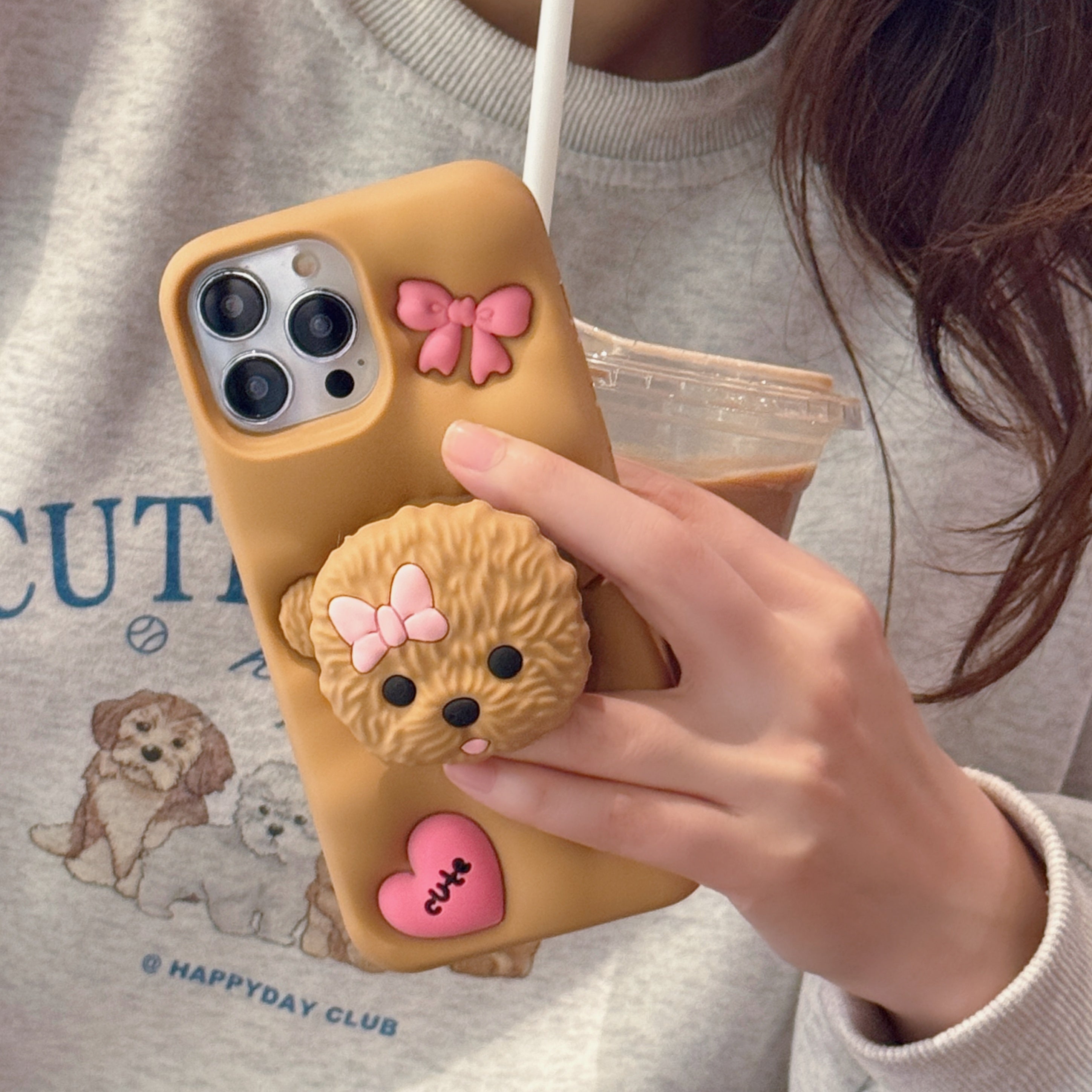 3D Teddy Dog Phone Case with Extendable Holder, Silicone Shockproof Protective Cover with Sculpture Design, Air Cushion Drop Protection, Compatible with iPhone 11 12 13 14 15 Pro Max Plus - Ideal for Easter, Valentine's Day,