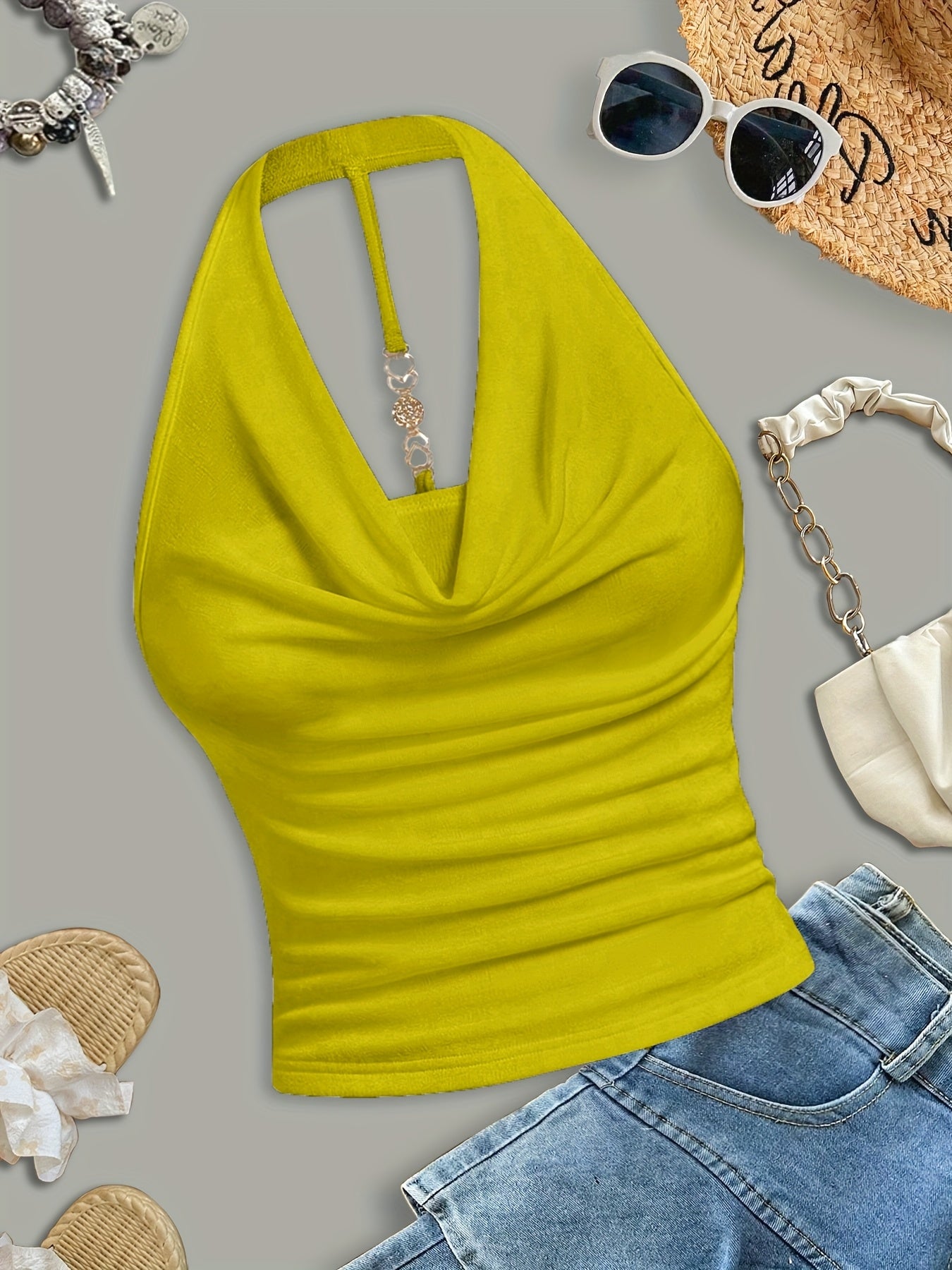 Women's Sexy Halter Neck Sleeveless Top - Semi-Sheer Stretchy Slim Fit Backless Shirt, Vibrant Yellow Solid Color, Machine Washable for Casual & Evening Outfits, Evening Wear, Backless Design, Sensual Apparel, Semitransparent