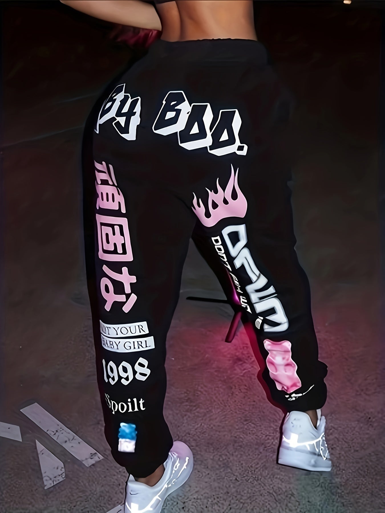 Women's Hip-Hop Inspired Casual Joggers with Letter Print - Comfy Polyester Blend, Machine Washable, Perfect for Spring/Fall, European And American Style, Elastic, Long Pants
