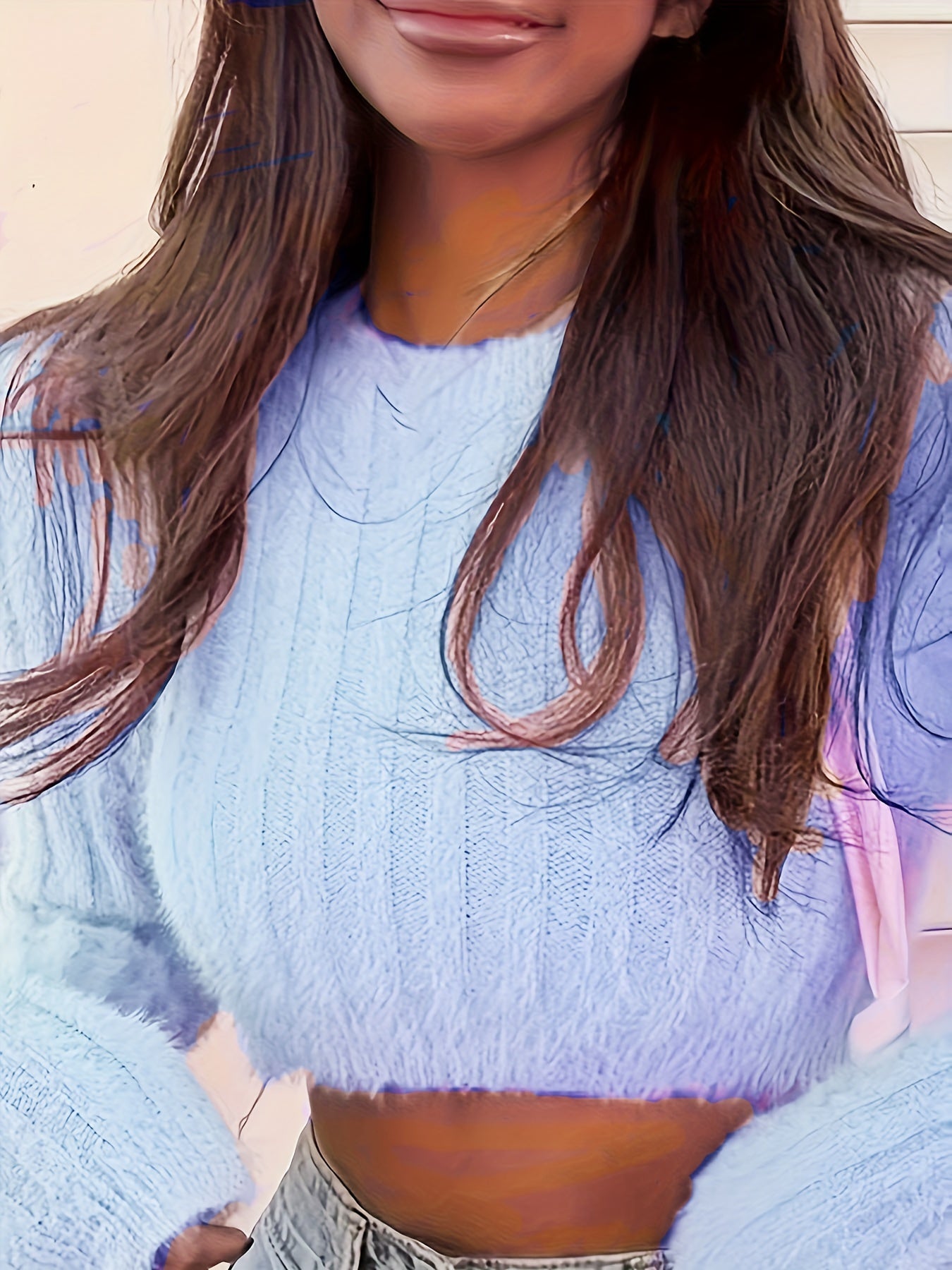 Y2K Solid Crew Neck Crop Sweater - Long Sleeve, For Spring & Fall - Women's Clothing - Perfect for Casual & Trendy Outfits - Gift Idea for Fashionable Women