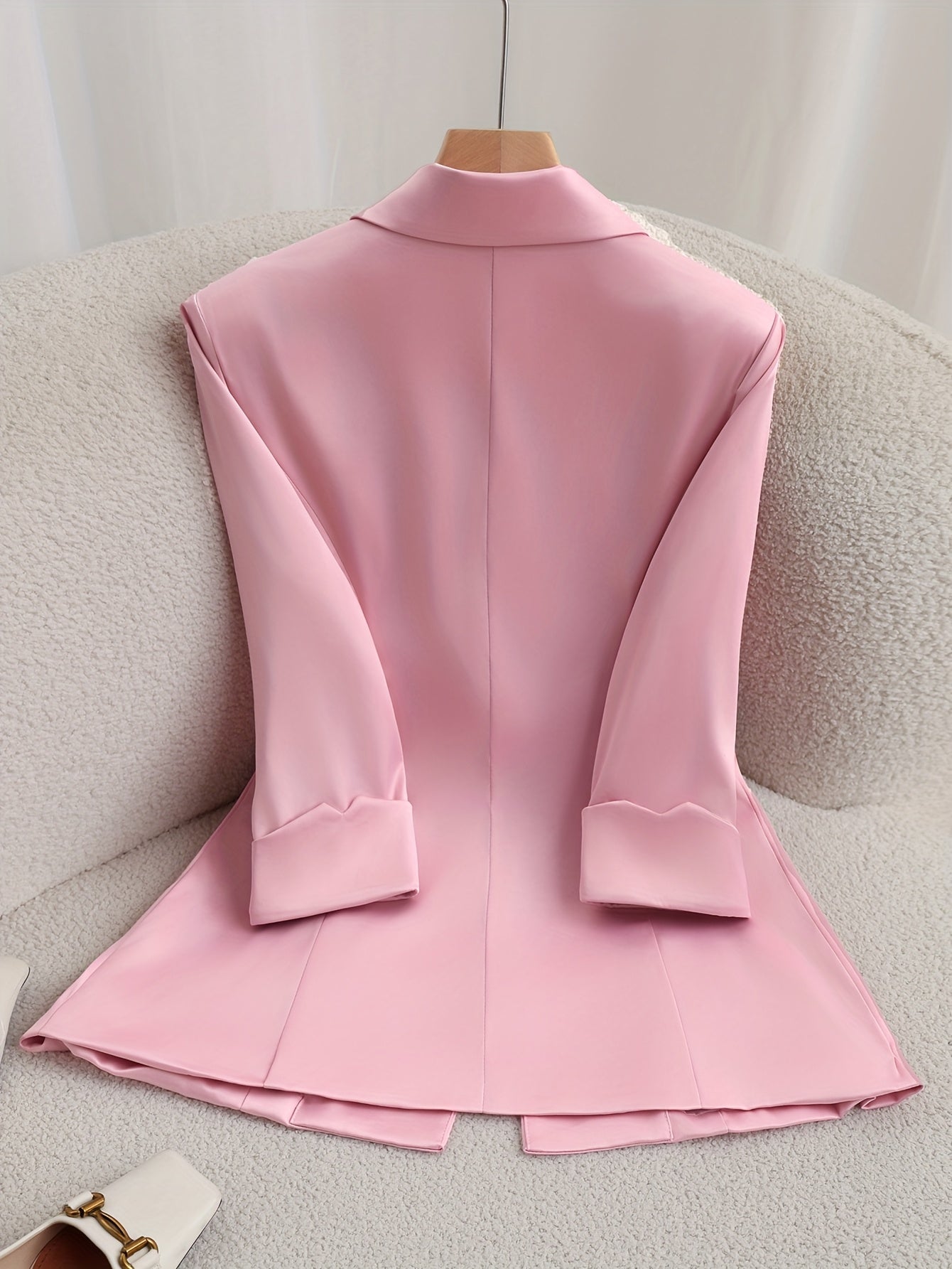 Elegant Satin Blazer for Women, Solid Color, Single Breasted, Three Quarter Sleeve, Polyester 96% Elastane 4%, Regular Fit, Woven, Button Detail, No Belt, All Seasons