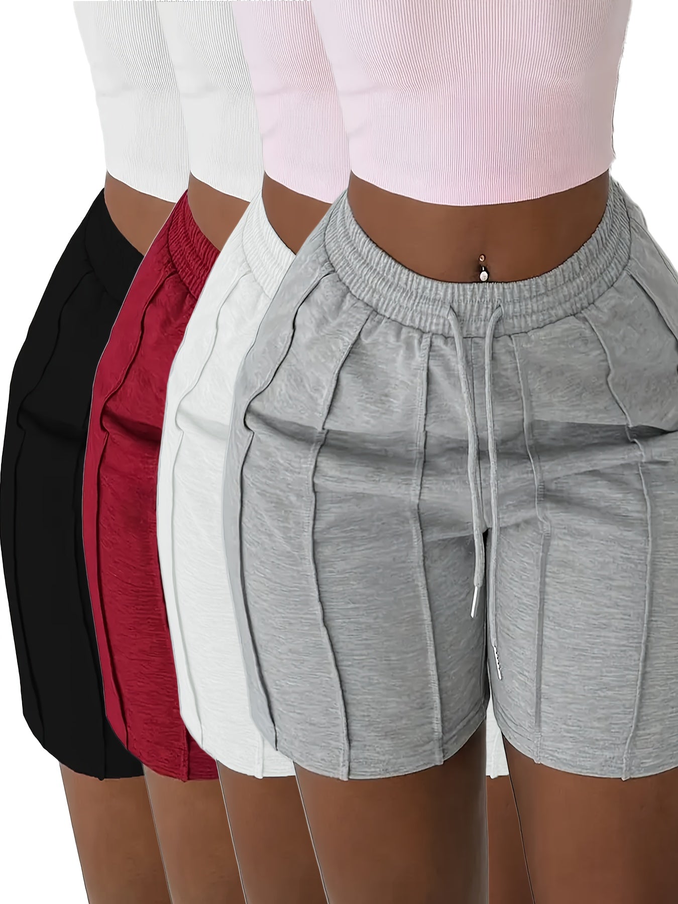 4pcs Women's Solid Color Drawstring Shorts with Elastic Waist & Side Pockets - Lightweight Polyester Casual Shorts for Spring, Summer, and Fall - Black, White, Red, Grey, Versatile Casual Shorts | Side Pockets Shorts | Knitte