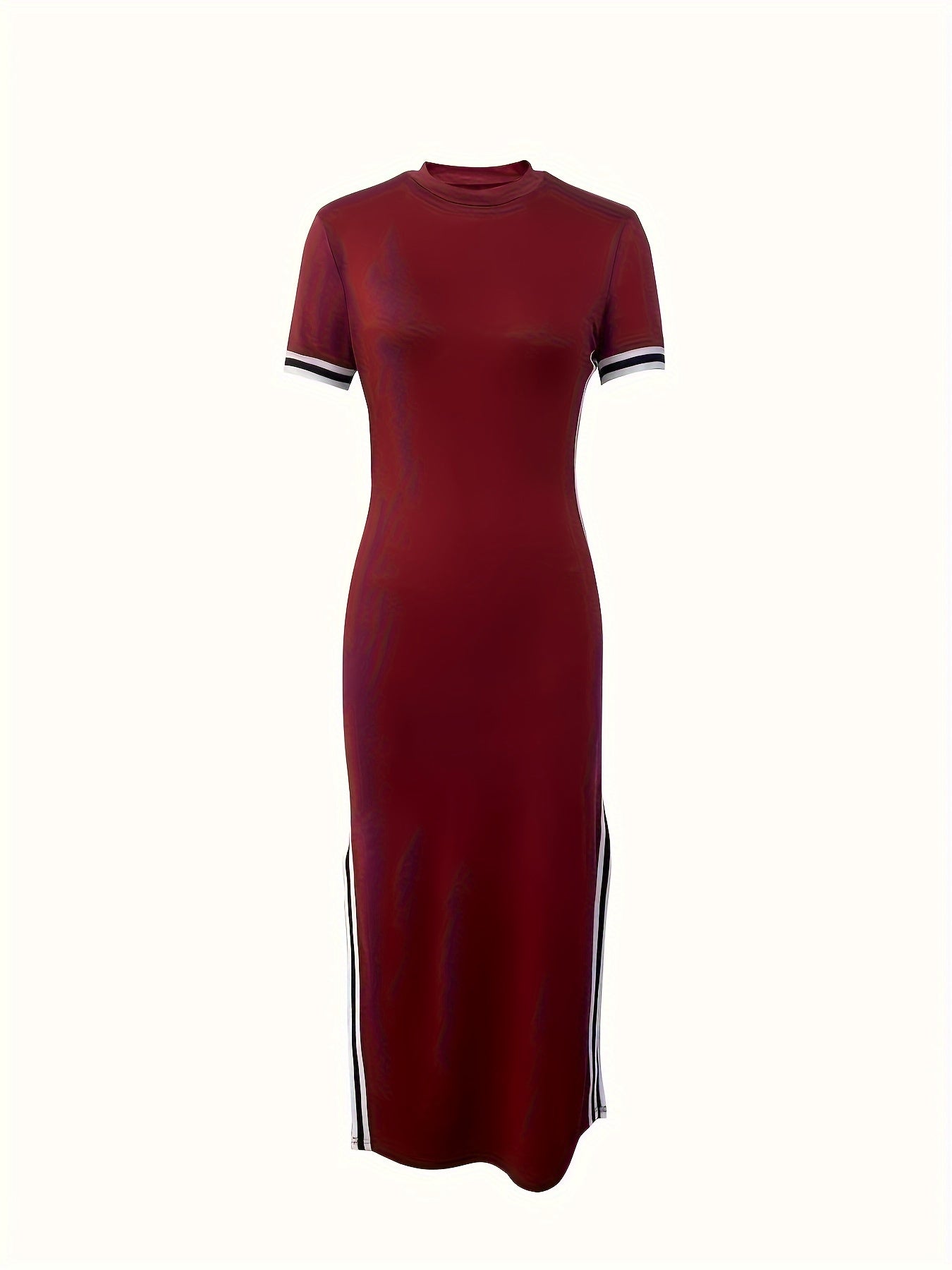 Contrast Trim Split Hem Bodycon Dress, Short Sleeve Crew Neck Casual Dress, Women's Clothing For Party Dressing