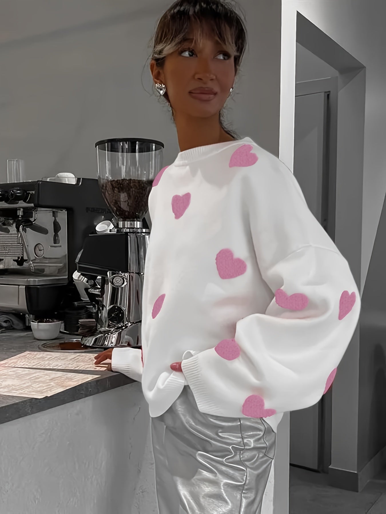 Valentine's Day Heart Pattern Sweater, Casual Long Sleeve Drop Shoulder Sweater, Women's Clothing