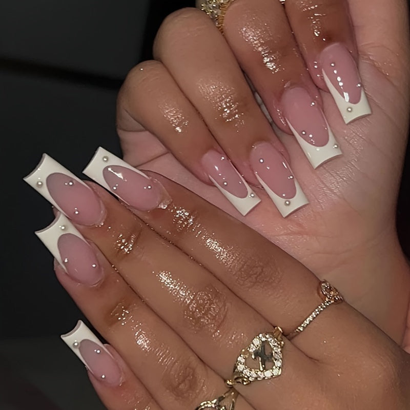 226pcs 168pcs Glossy Long Square Fake Nails (7 pack)  + 58pcs Rings Set White French Tip Press On NailsWith Embossed Flower Rhinestone Design, sweet Cool Full Cover FalseNails For Women Girls