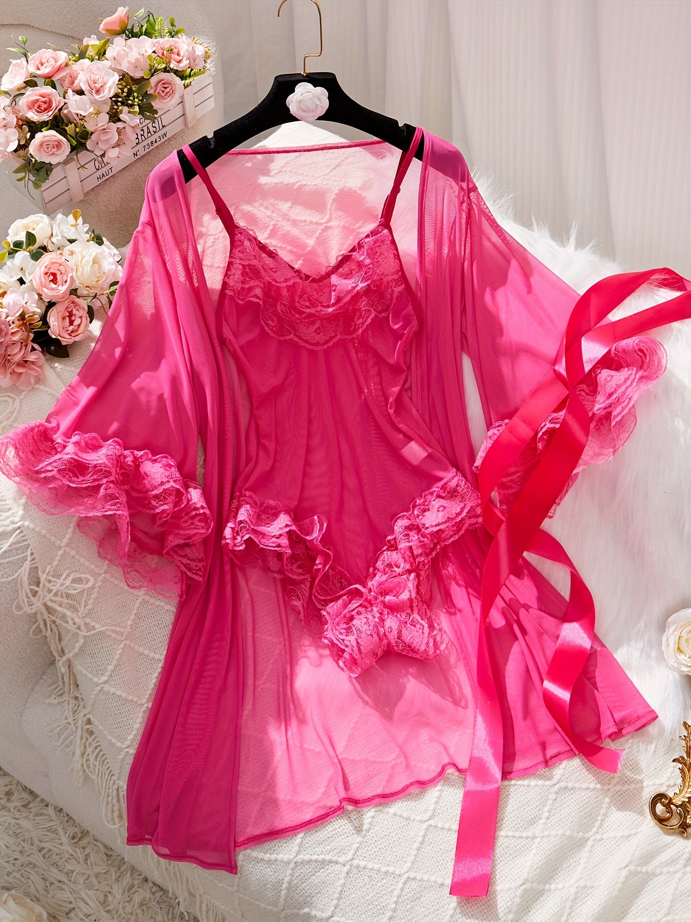 Solid Contrast Lace Lingerie Set, V Neck Bodysuit & Robe, Women's Sexy Lingerie & Underwear