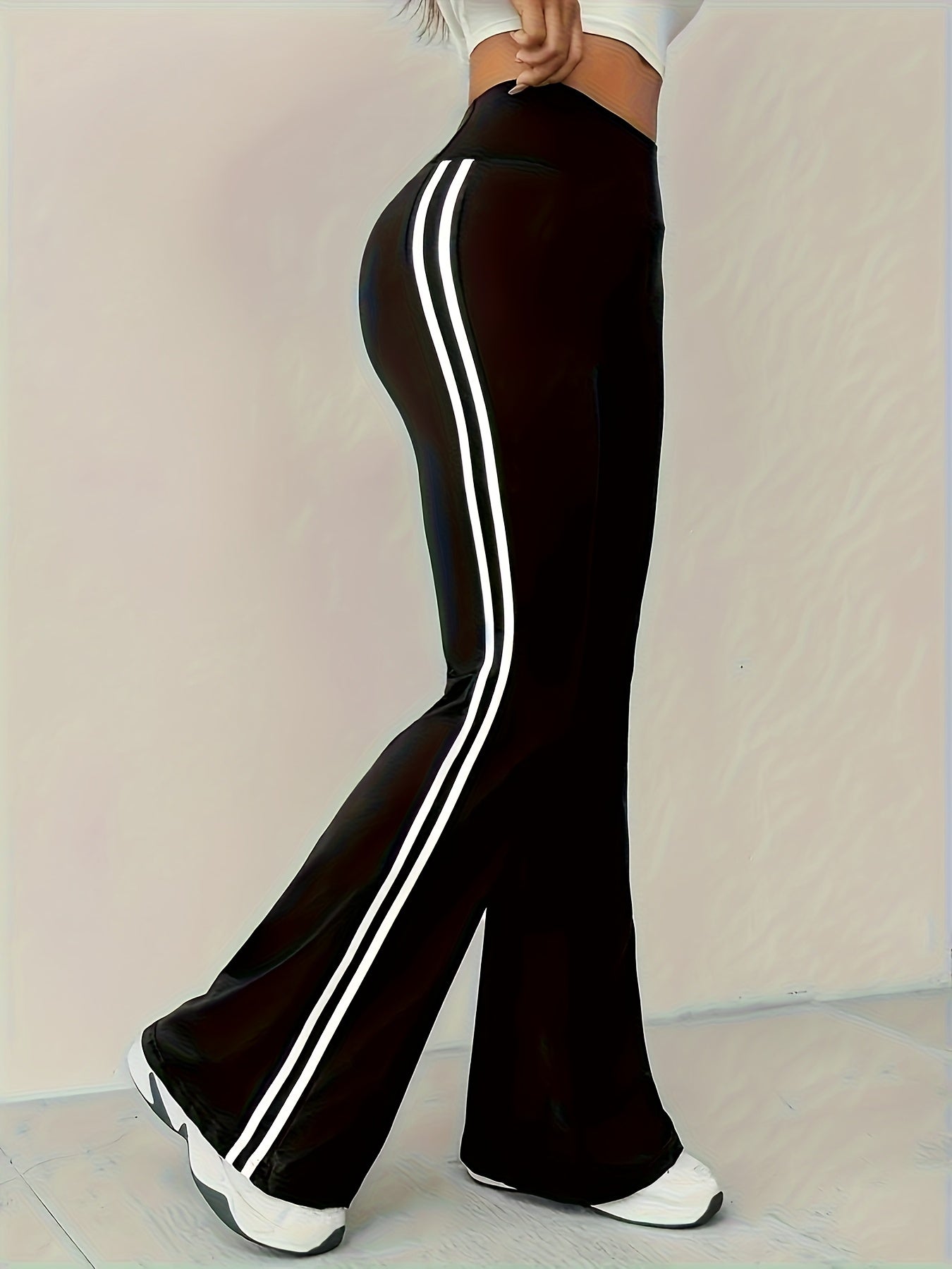 Color-Blocked Striped Casual Flared Pants for Women, Perfect for Active Sports.
